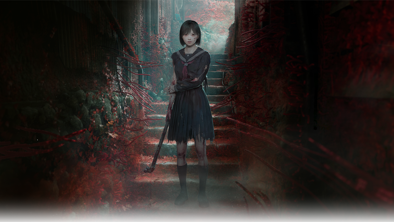Hinako Shimizu in uniforme in un vicolo invaso dai fiori rossi in Silent Hill f