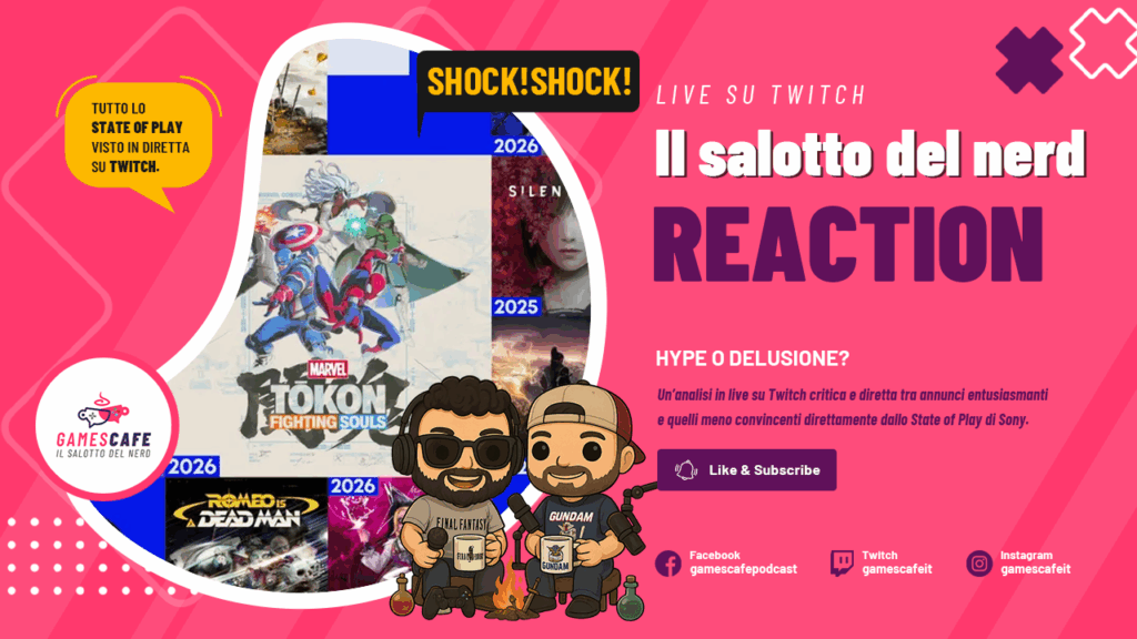 Thumbnail rosa della reaction GamesCafe allo State of Play di giugno 2025 con Marvel Tōkon e i conduttori illustrati