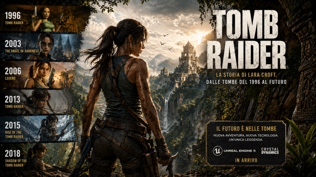 Lara Croft nelle diverse epoche della saga Tomb Raider dal 1996 a oggi