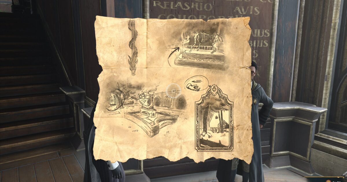Personaggio davanti a una mappa del tesoro nel castello di Hogwarts