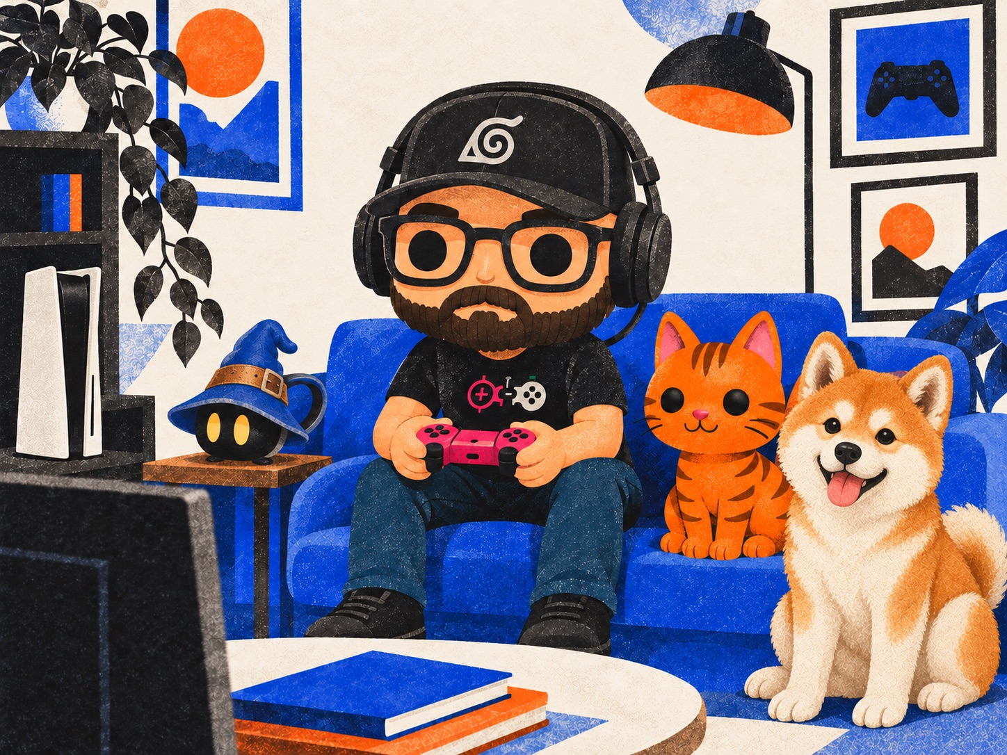 Kuro gioca sul divano blu con il gatto e un Akita; accanto, una tazza a forma di Vivi di Final Fantasy IX