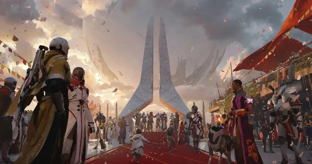 Personaggi di Destiny 2 davanti a una destinazione spaziale con elementi di raid e campagna
