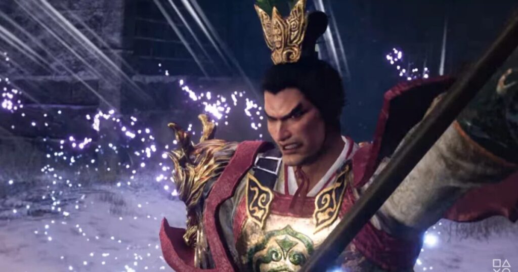 Personaggi di Dynasty Warriors 3 in combattimento su sfondo storico stilizzato