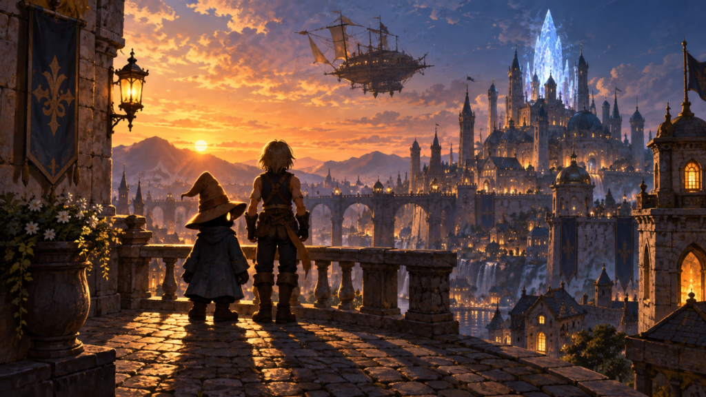 Due viaggiatori osservano una città fantasy al tramonto con unaeronave e un cristallo luminoso