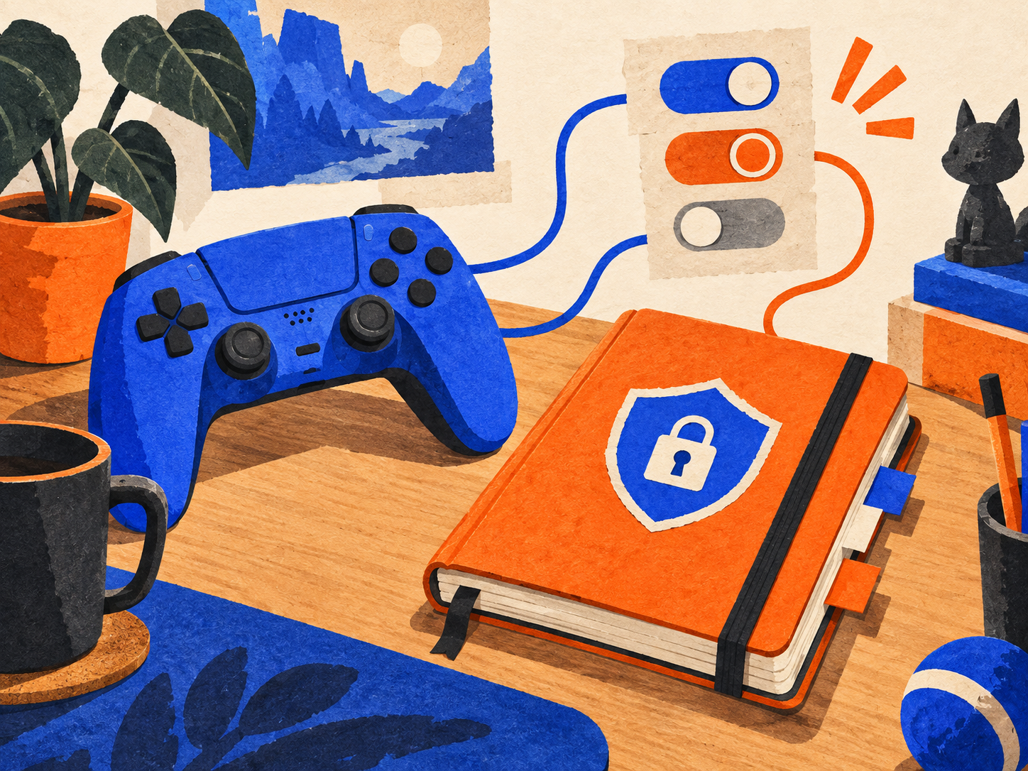 Illustrazione di un controller e un taccuino protetto da un lucchetto, con scelte di consenso in blu e arancione