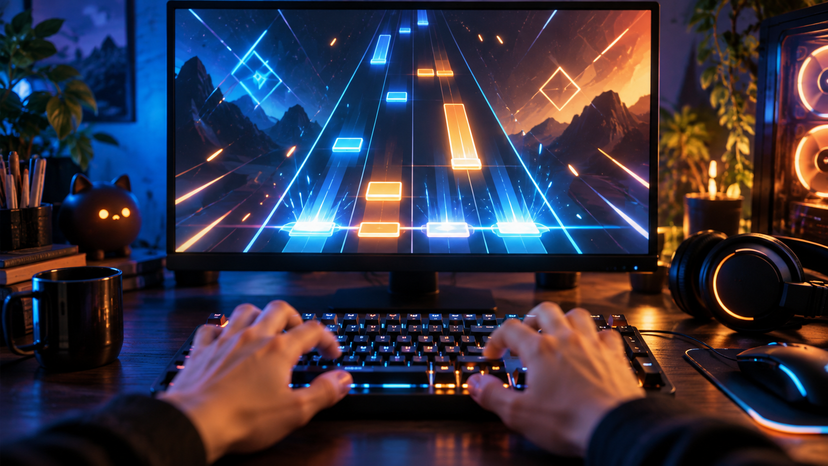 I giochi ritmici da non perdere su PC da iniziare senza panico Gamescafe Mani sulla tastiera davanti a un gioco ritmico su PC con note luminose blu e arancioni