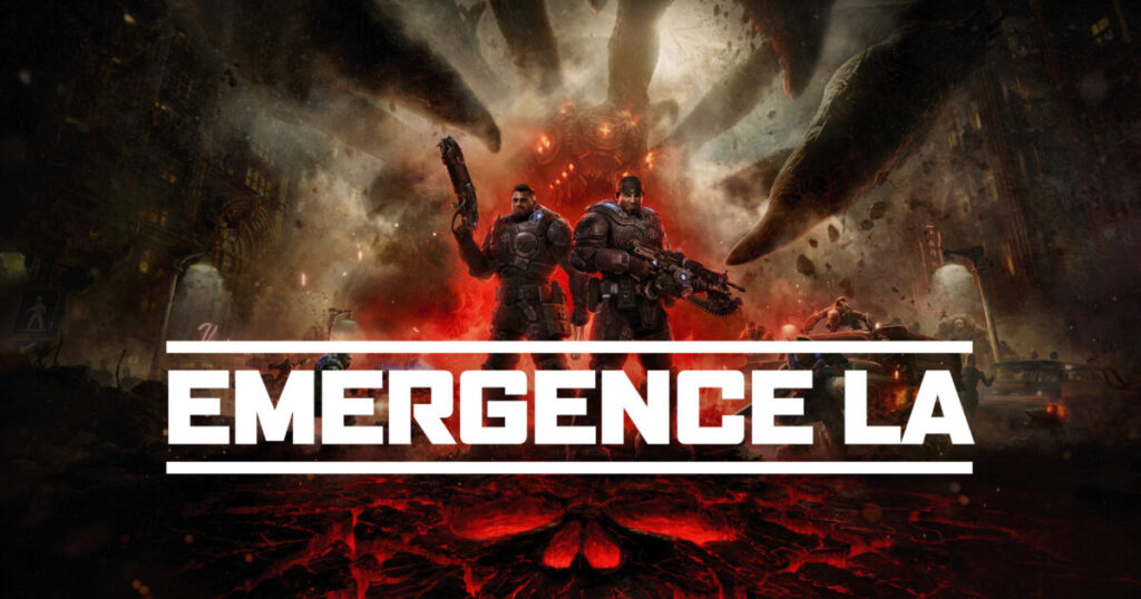 Evento a tema Gears of War in una venue di Los Angeles con luci rosse e simboli Locust