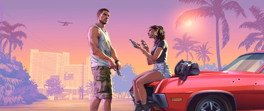 Jason e Lucia accanto a unauto rossa al tramonto illustrazione ufficiale panoramica di GTA VI