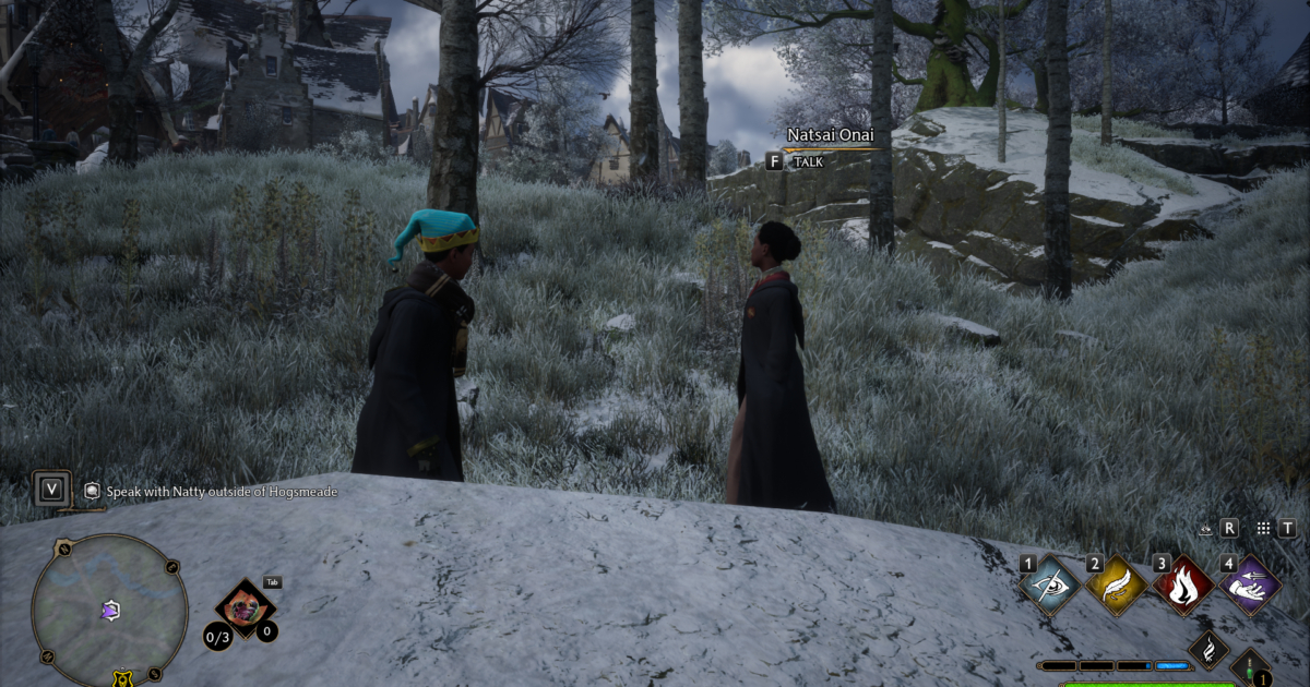 Natty vicino a Hogsmeade con lingresso di un nascondiglio Ashwinder sullo sfondo