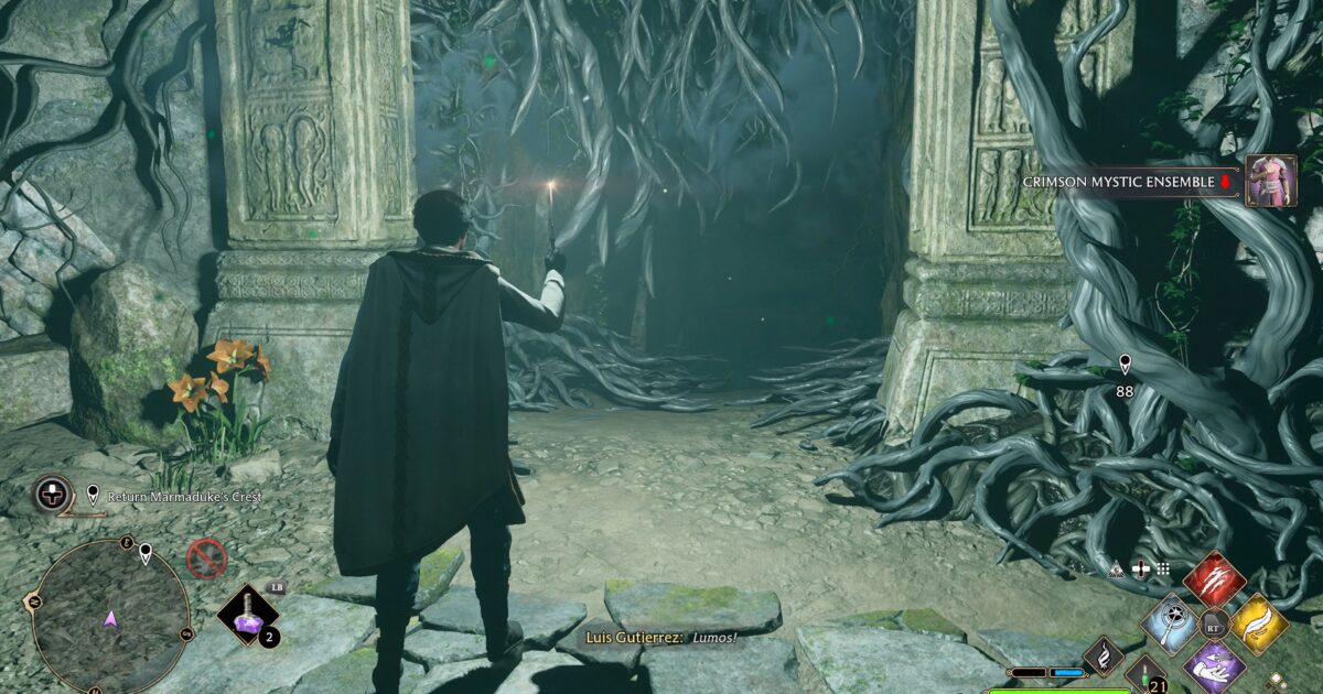 Personaggio davanti alle Greenhouses di Hogwarts Castle mentre affronta una missione secondaria Gamescafe Personaggio davanti alle Greenhouses di Hogwarts Castle mentre affronta una missione secondaria
