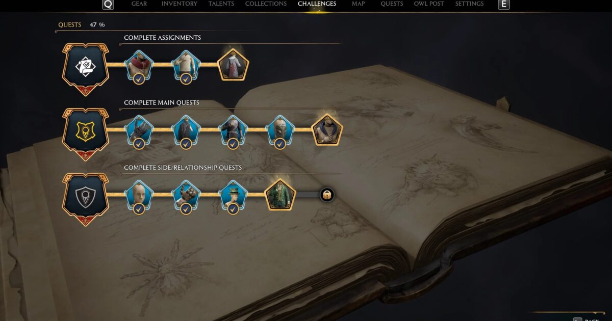 Schermata di Hogwarts Legacy con menu sfide Quests e ricompense sbloccabili