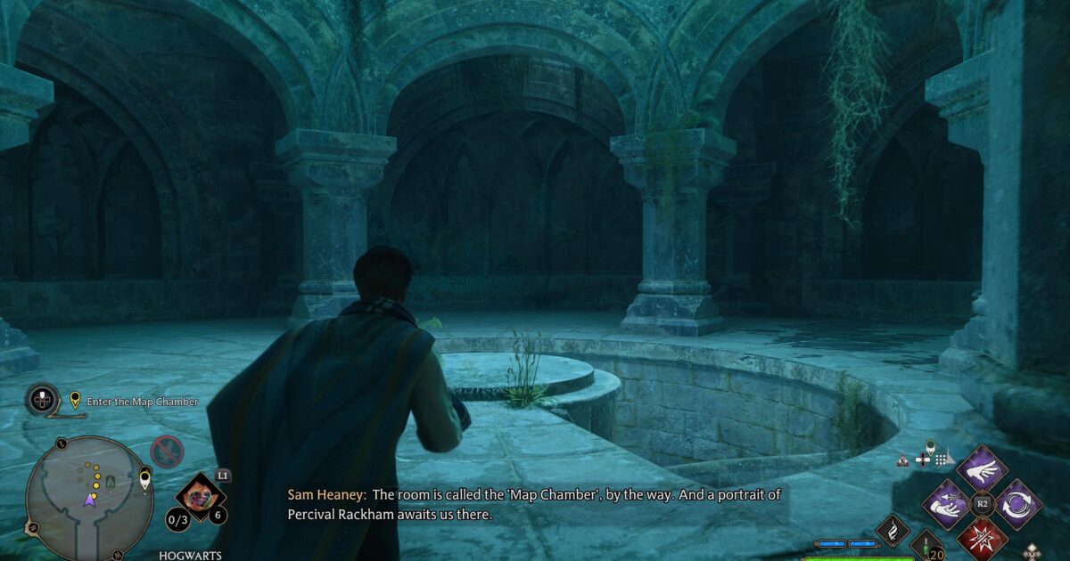 Professor Fig e il ritratto di Percival Rackham nella Map Chamber di Hogwarts Legacy