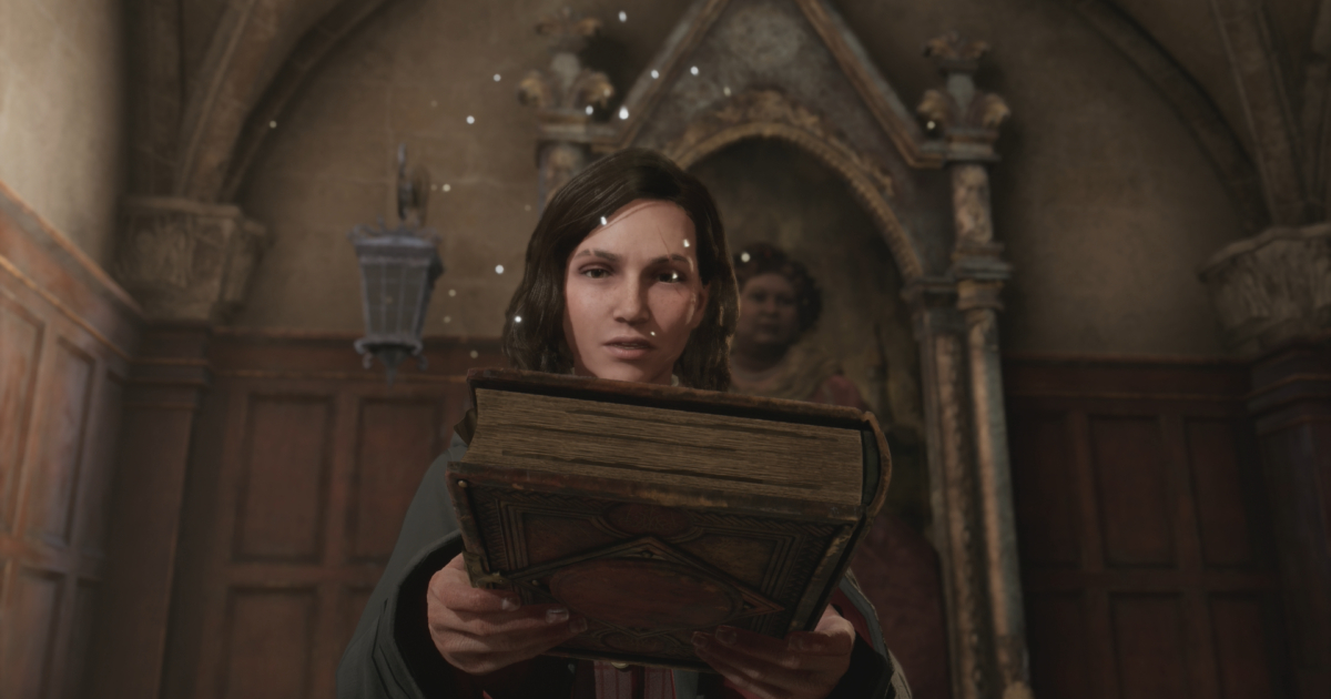 Personaggio di Hogwarts Legacy davanti a un corridoio con porte puzzle e simboli magici