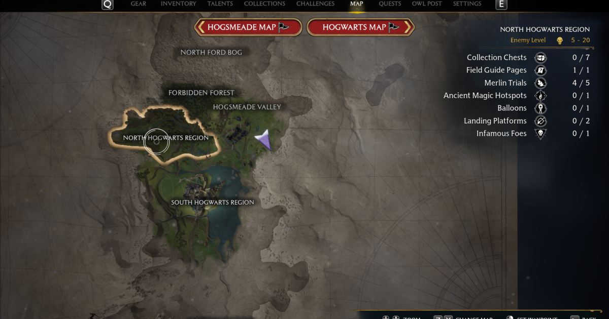 Mappa della North Hogwarts Region con punti di interesse forzieri e prove
