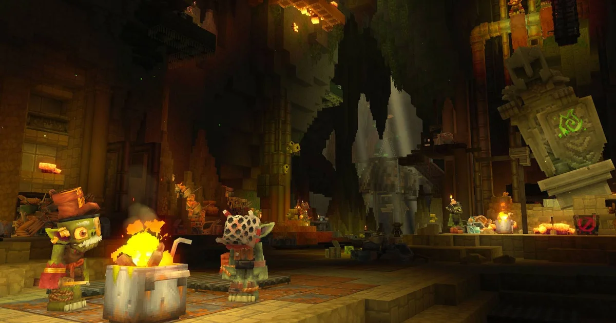 Un dungeon sotterraneo verde con un goblin corazzato e una creatura boss in primo piano Gamescafe Un dungeon sotterraneo verde con un goblin corazzato e una creatura boss in primo piano