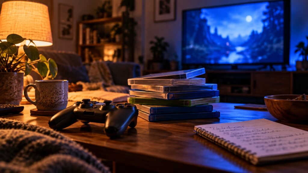 Controller e giochi in attesa su un tavolo in un salotto illuminato da una lampada calda e dallo schermo blu