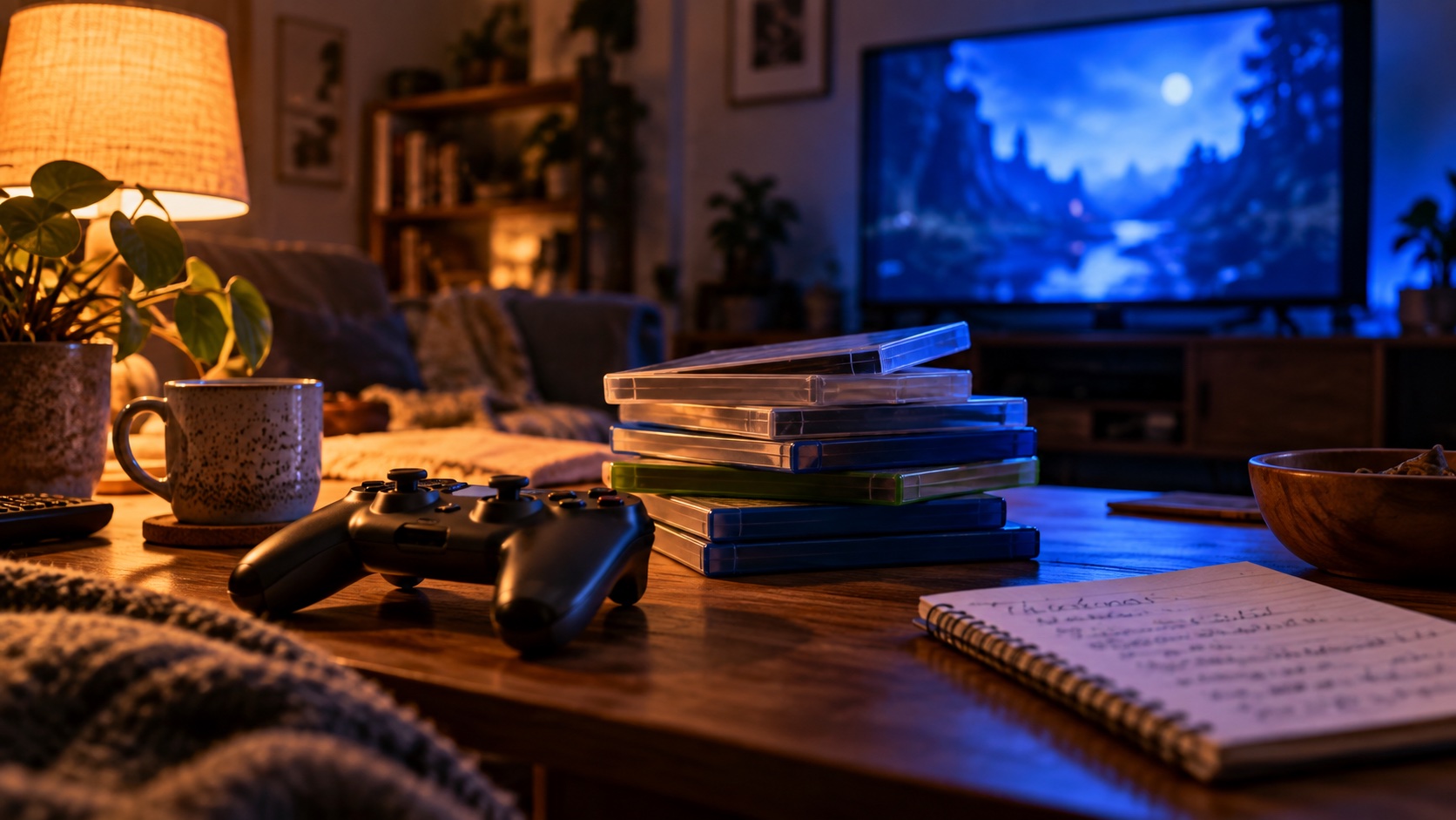 Il backlog non è un debito il diritto di giocare al proprio ritmo Gamescafe Controller e giochi in attesa su un tavolo in un salotto illuminato da una lampada calda e dallo schermo blu