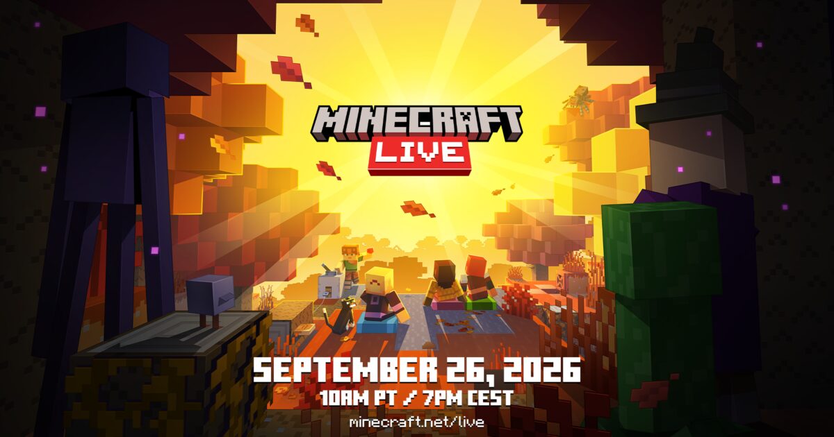 Logo di Minecraft LIVE su sfondo celebrativo con elementi del mondo cubico di Minecraft Gamescafe Logo di Minecraft LIVE su sfondo celebrativo con elementi del mondo cubico di Minecraft