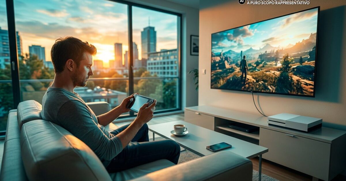 Due console moderne affiancate su un divano con controller e televisore spento Gamescafe Due console moderne affiancate su un divano con controller e televisore spento