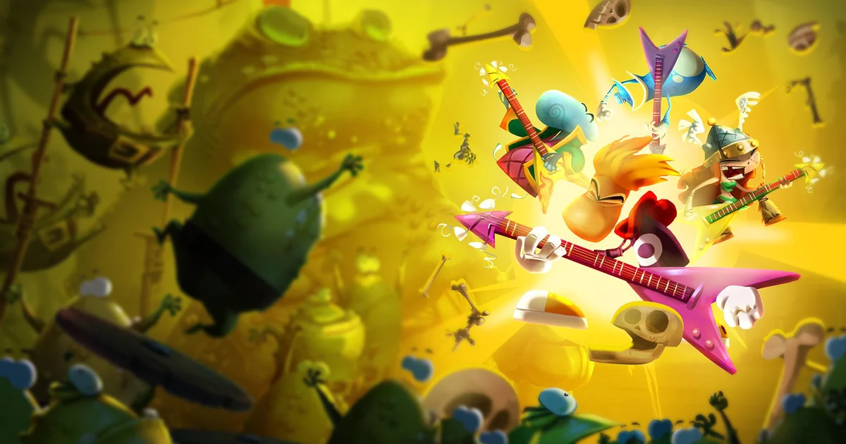 Rayman in corsa in un livello musicale colorato con un grande palco sullo sfondo