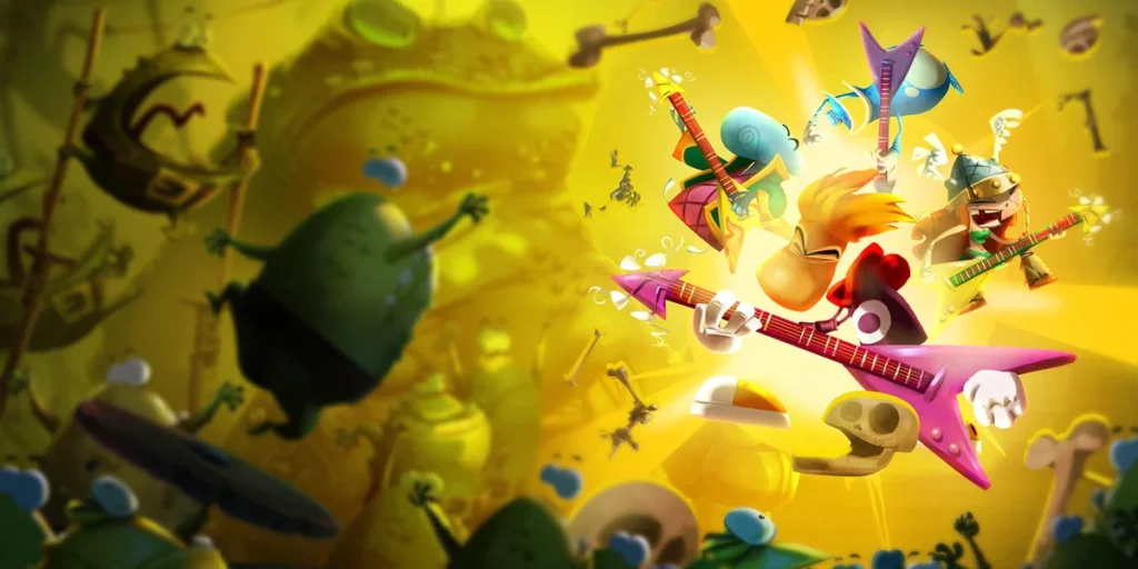 Un livello musicale di Rayman con personaggi in movimento e grafica 2.5D