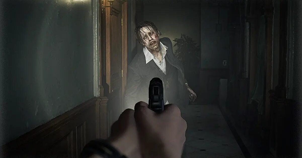 Screenshot ufficiale di Resident Evil Requiem: Grace mira con una pistola verso uno zombie