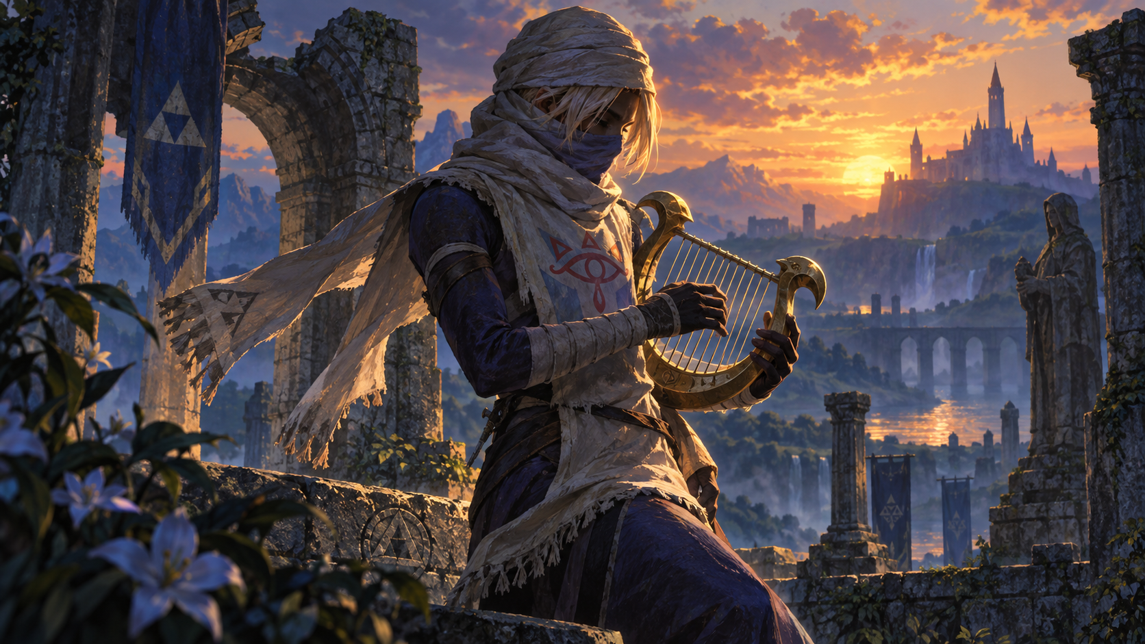 Come interpretare Sheik in Ocarina of Time e nel remake Gamescafe Illustrazione editoriale di Sheik con la lira tra antiche rovine al tramonto