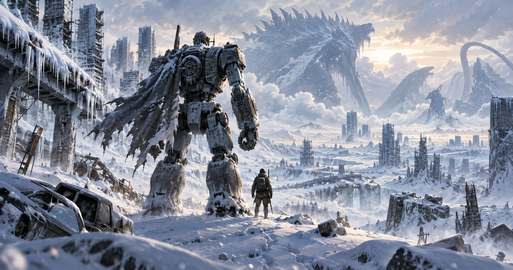 Snowball Earth chiude la corsa finale vicino e oltre un milione di copie Gamescafe Illustrazione editoriale di un robot e un esploratore su una Terra ghiacciata