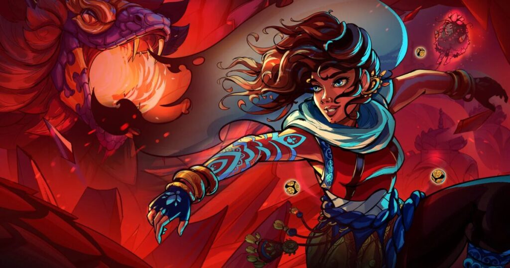 Personaggio su unisola fantasy colorata con elementi architettonici indiani e note ritmiche