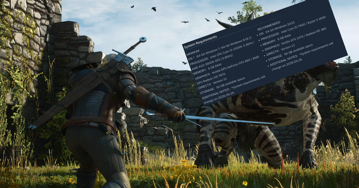 Geralt con effetti grafici avanzati e schermata requisiti PC su sfondo scuro Gamescafe Geralt con effetti grafici avanzati e schermata requisiti PC su sfondo scuro