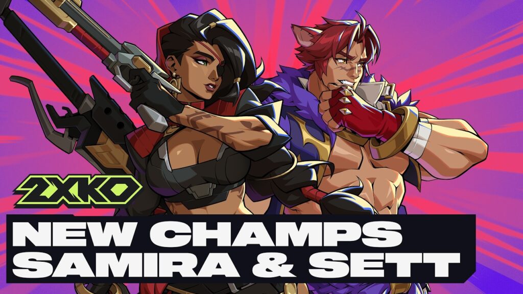 Samira e Sett davanti a uno sfondo rosa nella miniatura ufficiale 2XKO con la scritta New Champs Samira  Sett