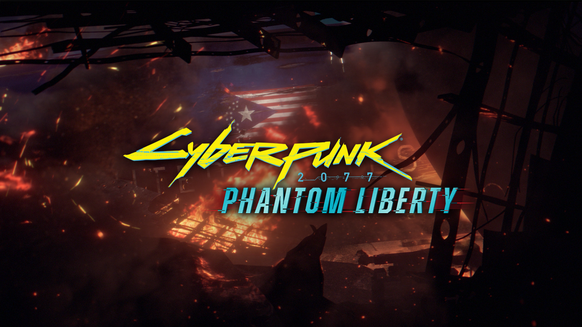 Phantom Liberty immagine promozionale ufficiale CD Projekt RED Gamescafe Logo Cyberpunk 2077 Phantom Liberty su uno scenario urbano in fiamme
