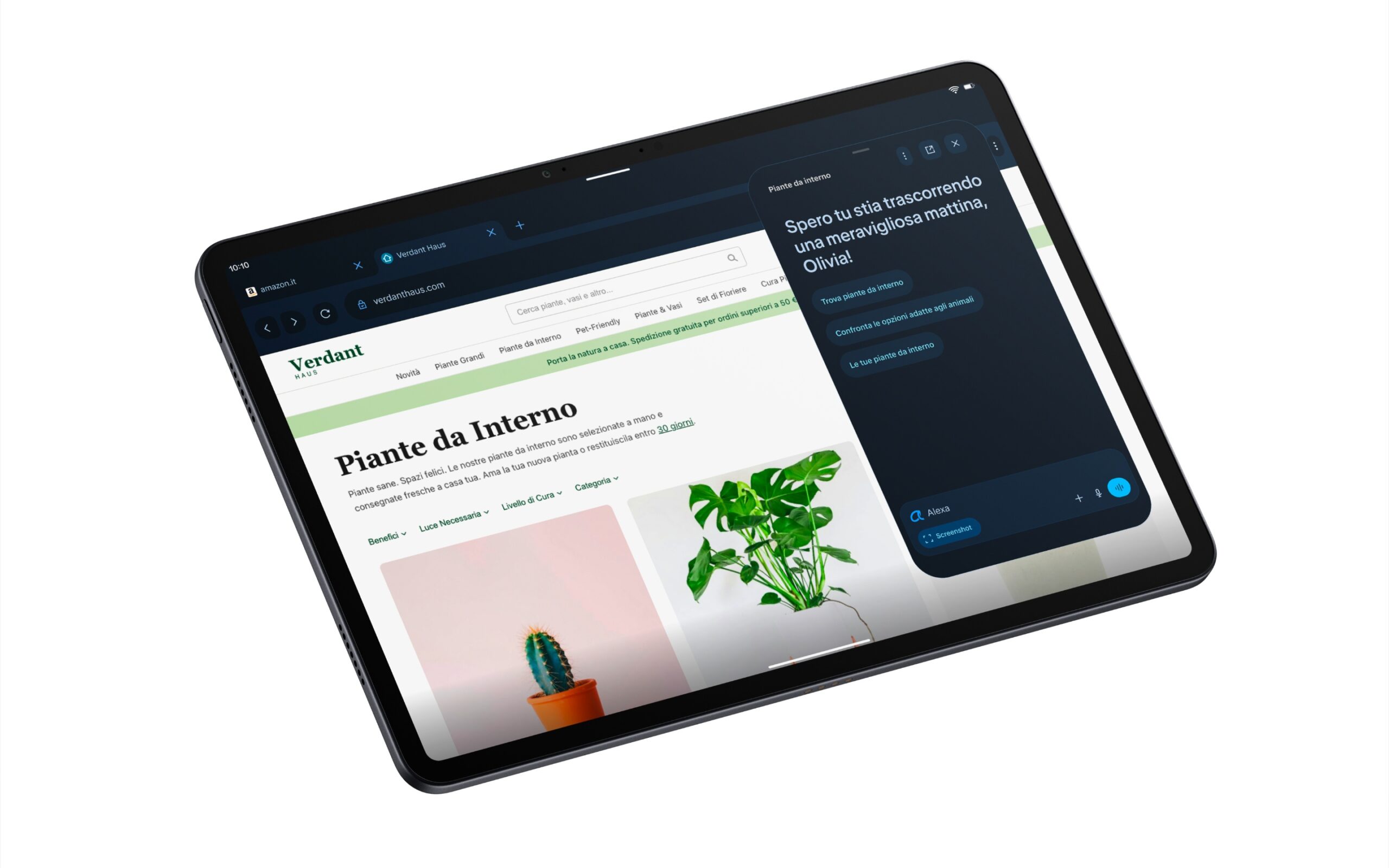 Amazon Alexa Tablet 12 Pro immagine ufficiale Gamescafe Alexa Tablet 12 Pro con una pagina web e il pannello laterale di Alexa+ sullo schermo