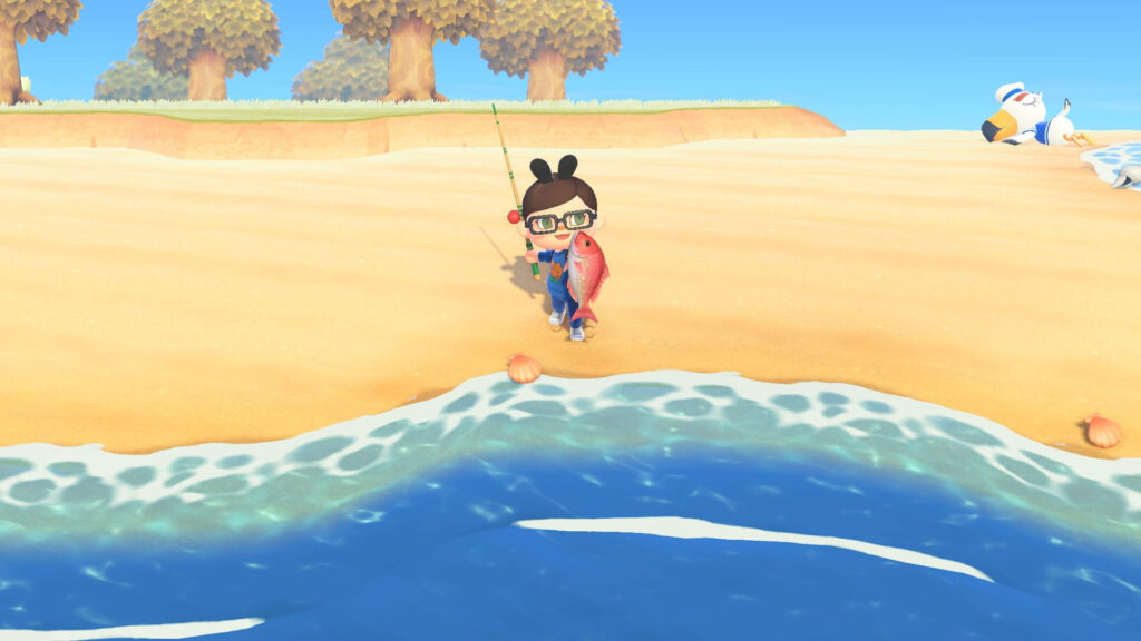 Animal Crossing New Horizons isola schermata ufficiale Gamescafe Personaggio che pesca sulla spiaggia in Animal Crossing New Horizons