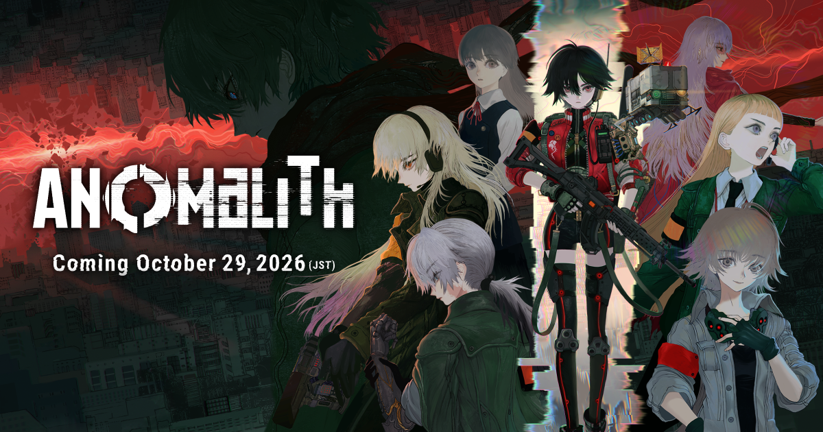 ANOMALITH grafica promozionale ufficiale FuRyu Gamescafe Grafica di ANOMALITH con personaggi armati logo e data del 29 ottobre 2026 espressa in JST