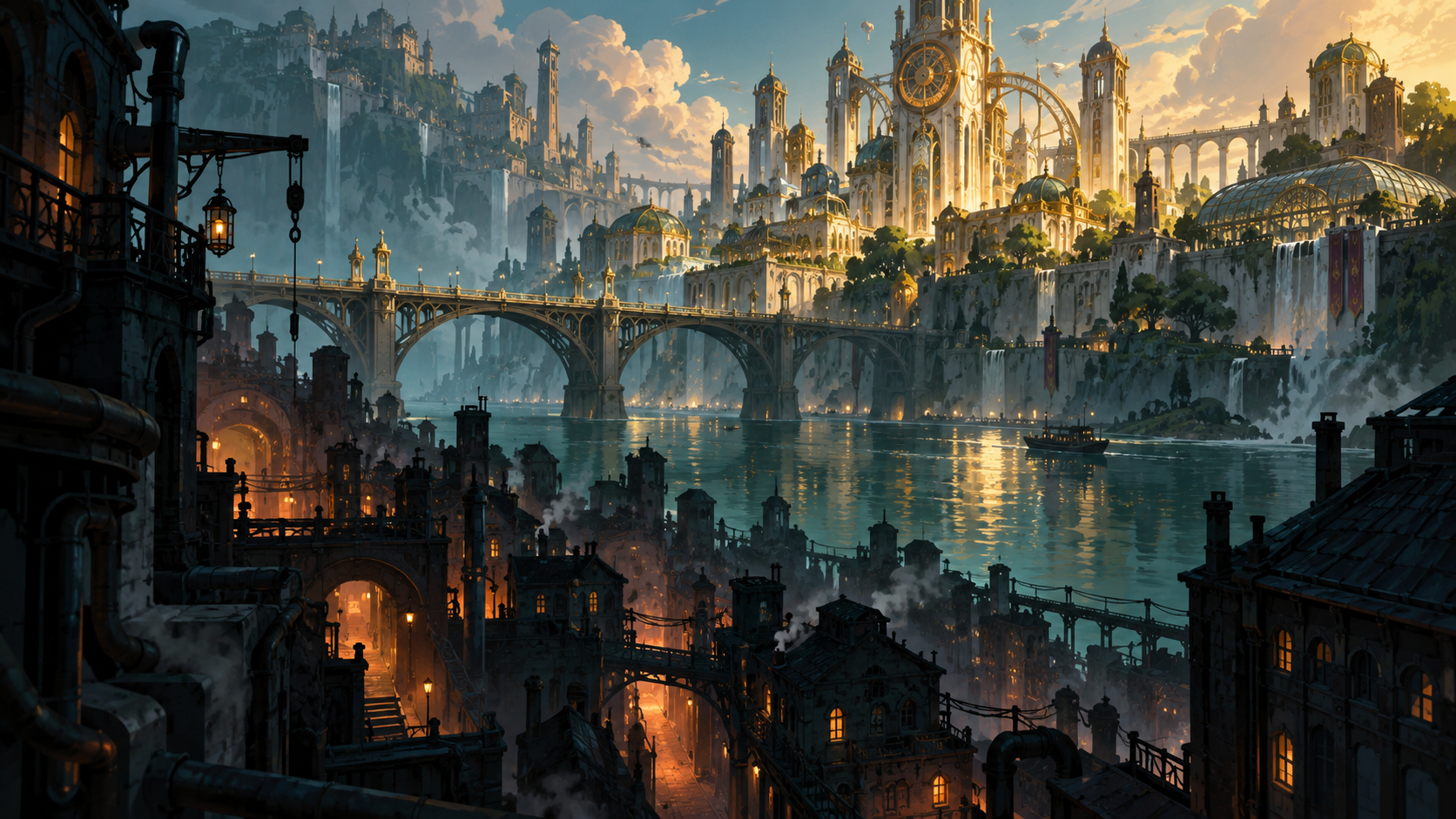 Arcane illustrazione editoriale Gamescafe Città fantastica divisa tra torri luminose e quartieri industriali illustrazione editoriale