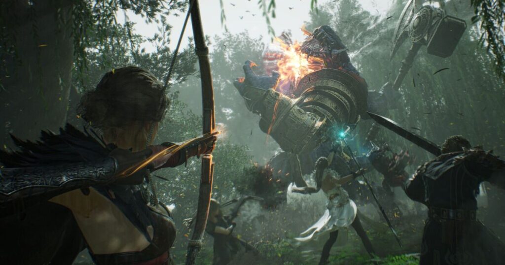 Personaggi fantasy in un paesaggio open world costiero con interfaccia da MMORPG