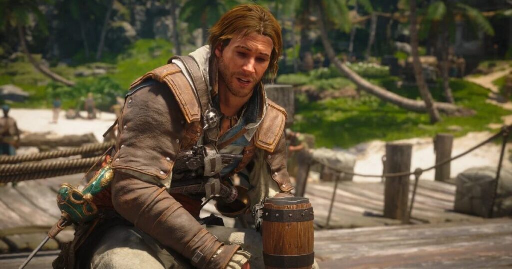 Edward Kenway su una nave con mare caraibico e atmosfera piratesca