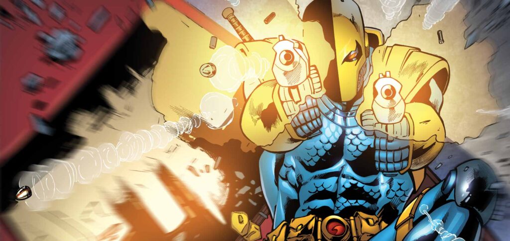 Deathstroke con la maschera arancione e nera impugna due pistole in unillustrazione a fumetti