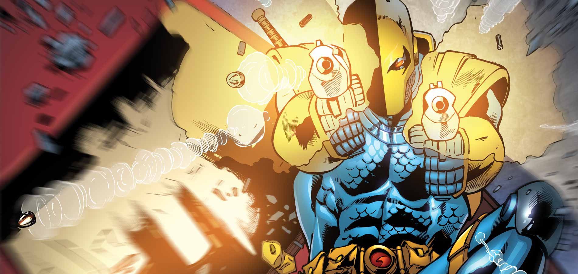 Savage Hunters immagine ufficiale Gamescafe Deathstroke con la maschera arancione e nera impugna due pistole in unillustrazione a fumetti