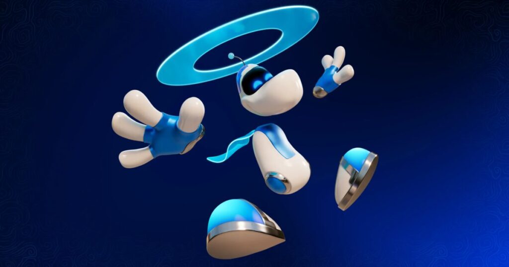 Rayman con il costume ispirato ad Astro Bot in una posa da platform colorato