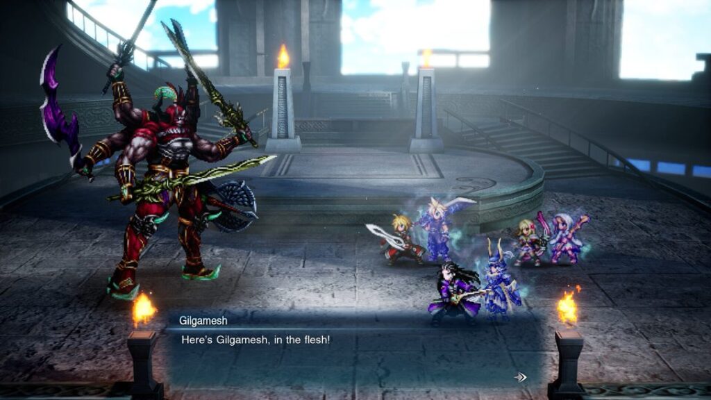 Screenshot di Final Fantasy Resonance il gruppo affronta Gilgamesh in unarena