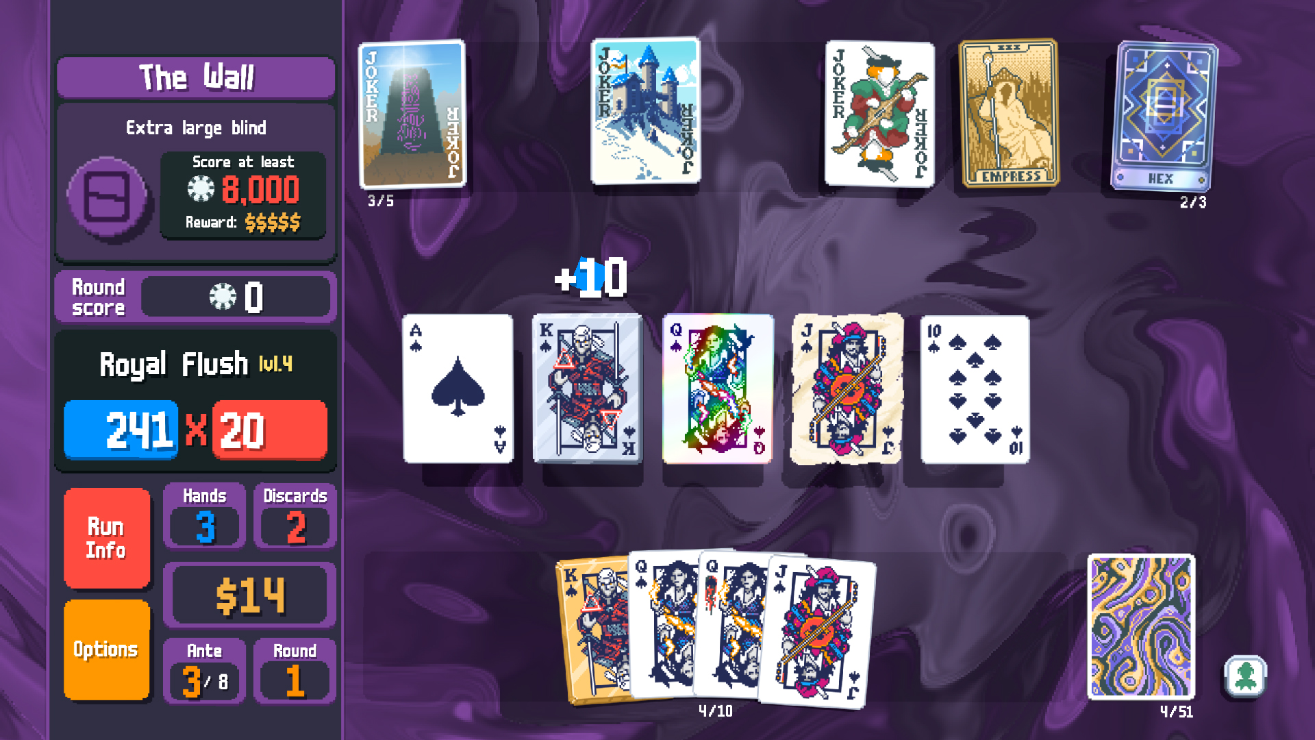 Balatro schermata di gioco ufficiale Gamescafe Schermata di Balatro mano di poker cinque Joker punteggio e denaro durante un Boss Blind