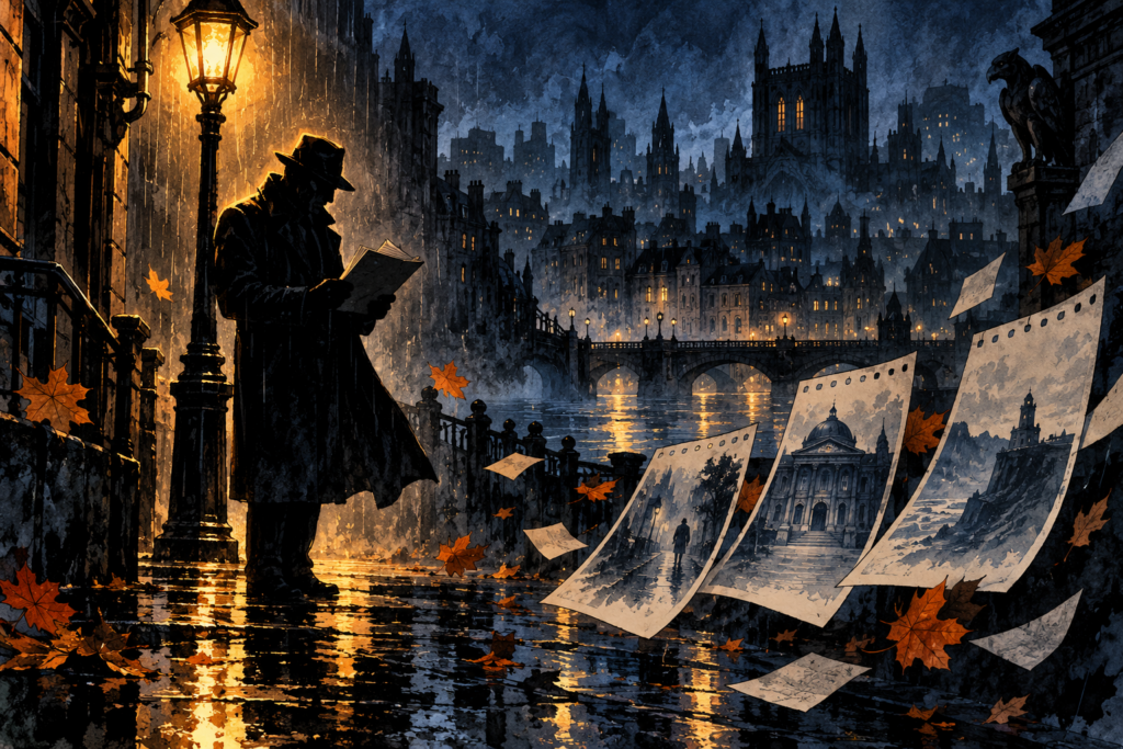 Investigatore anonimo sotto un lampione in una città gotica piovosa con foglie autunnali