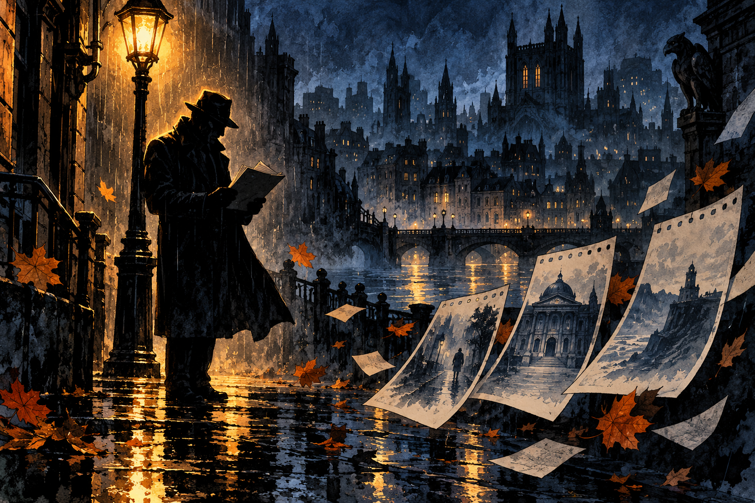Batman indagine noir in città illustrazione editoriale GamesCafe Gamescafe Investigatore anonimo sotto un lampione in una città gotica piovosa con foglie autunnali