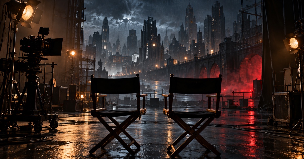 The Batman Part II illustrazione editoriale AI Gamescafe Illustrazione editoriale AI due sedie da regista su un set cinematografico notturno