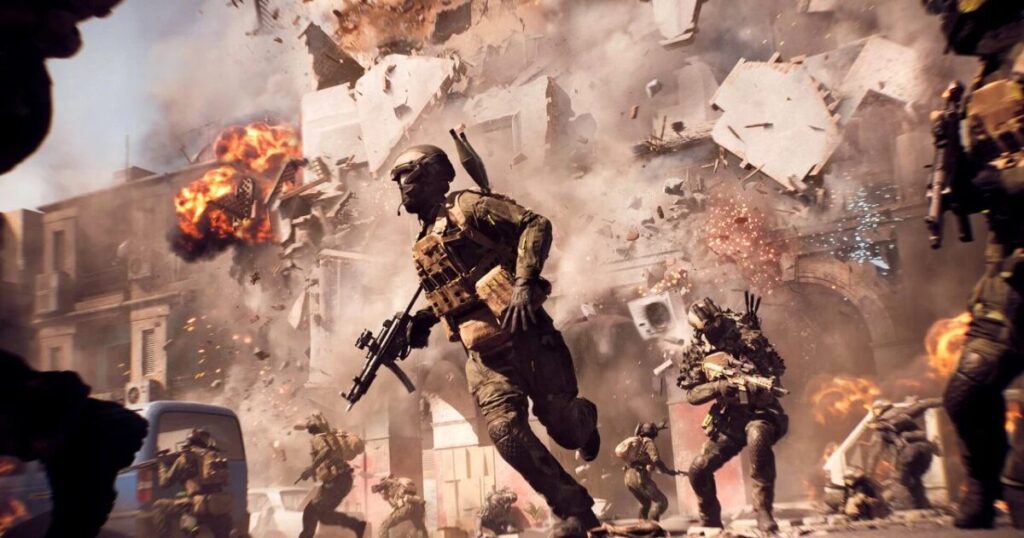 Logo di Battlefield davanti a un set cinematografico con toni militari