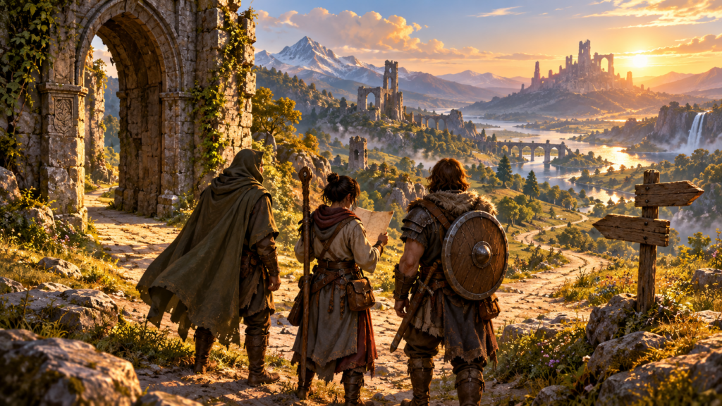Baldurs Gate 3 guida al personaggio | copertina editoriale Gamescafe Illustrazione editoriale tre avventurieri osservano una valle fantastica prima del viaggio