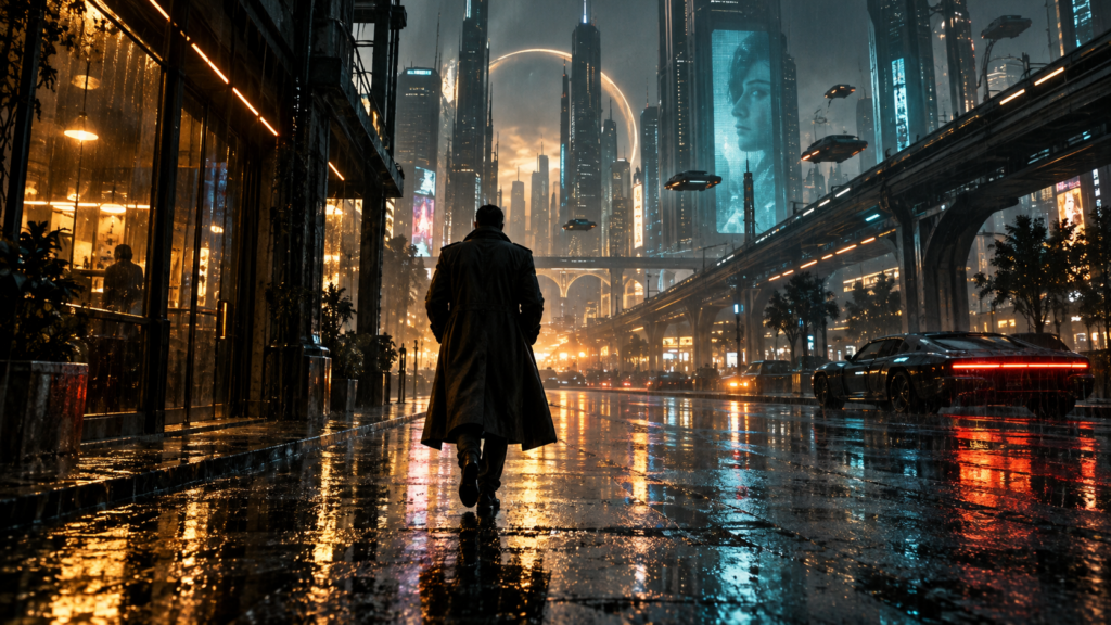 Illustrazione editoriale generata con AI investigatore anonimo in una città futuristica sotto la pioggia