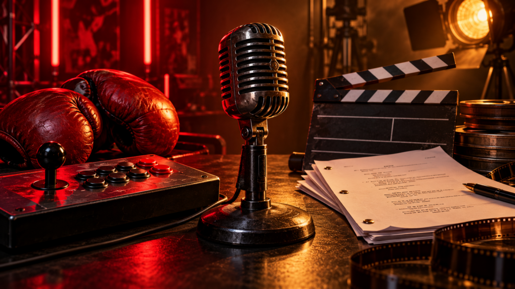 Illustrazione editoriale con microfono guantoni da boxe joystick arcade e copione televisivo